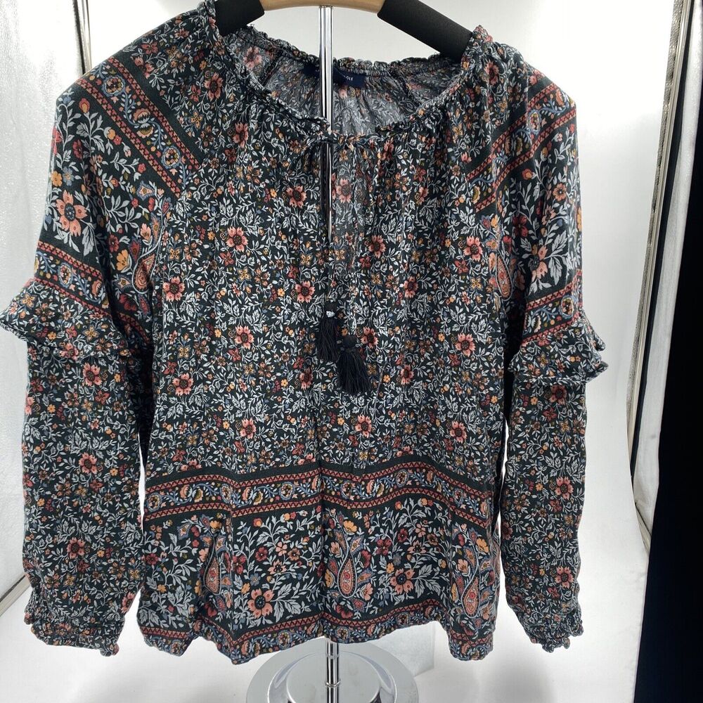 American Eagle Size Medium Womens Peasant Top Tassel Tie Floral Blouse NWT